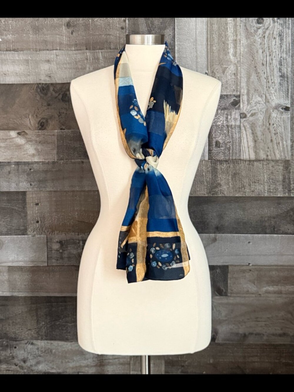 Blue cream gold patchwork scarf floral hearts feminine resortwear vacation fall